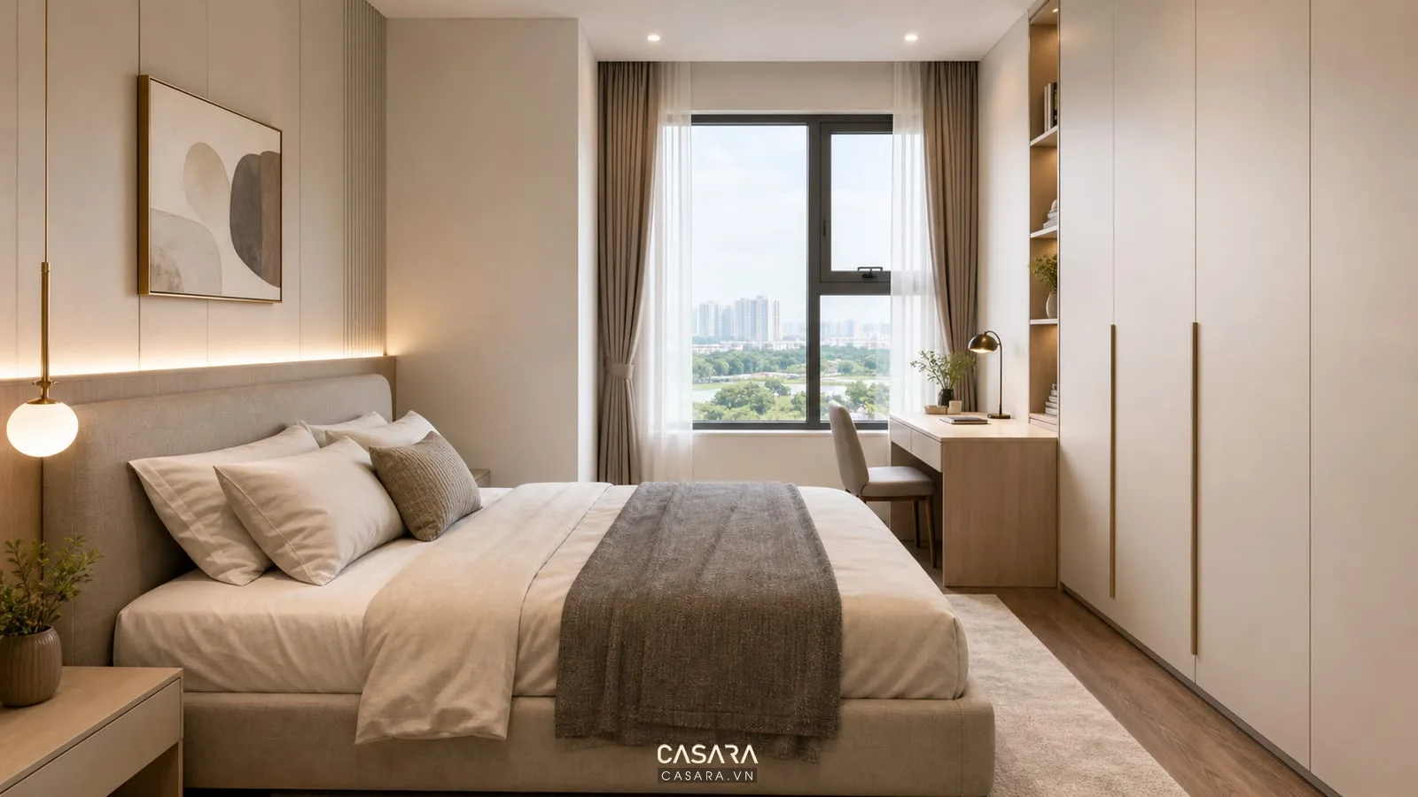 phòng ngủ chung cư Vinhomes Grand Park với giường bọc nệm và tủ quần áo cánh phẳng