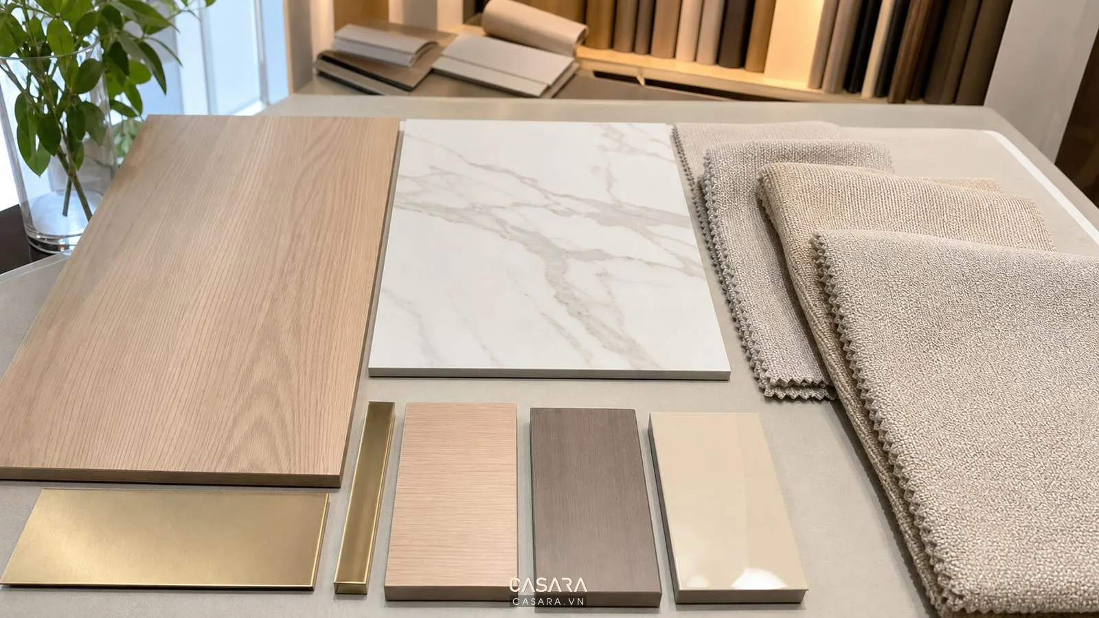 bảng vật liệu nội thất chung cư Vinhomes Grand Park với gỗ sáng đá trắng và vải sofa trung tính