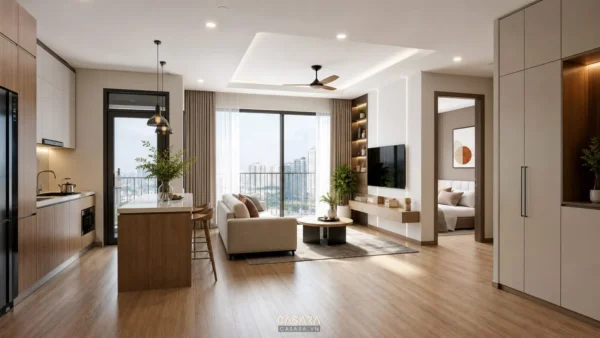 Phòng khách liền bếp sáng thoáng với sofa, đảo bếp, tủ âm tường và ban công lớn