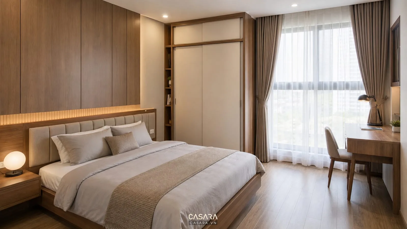 Phòng ngủ thiết kế nội thất chung cư Vinhomes Smart City với giường đôi, tủ áo cánh lùa, bàn làm việc nhỏ và rèm sáng