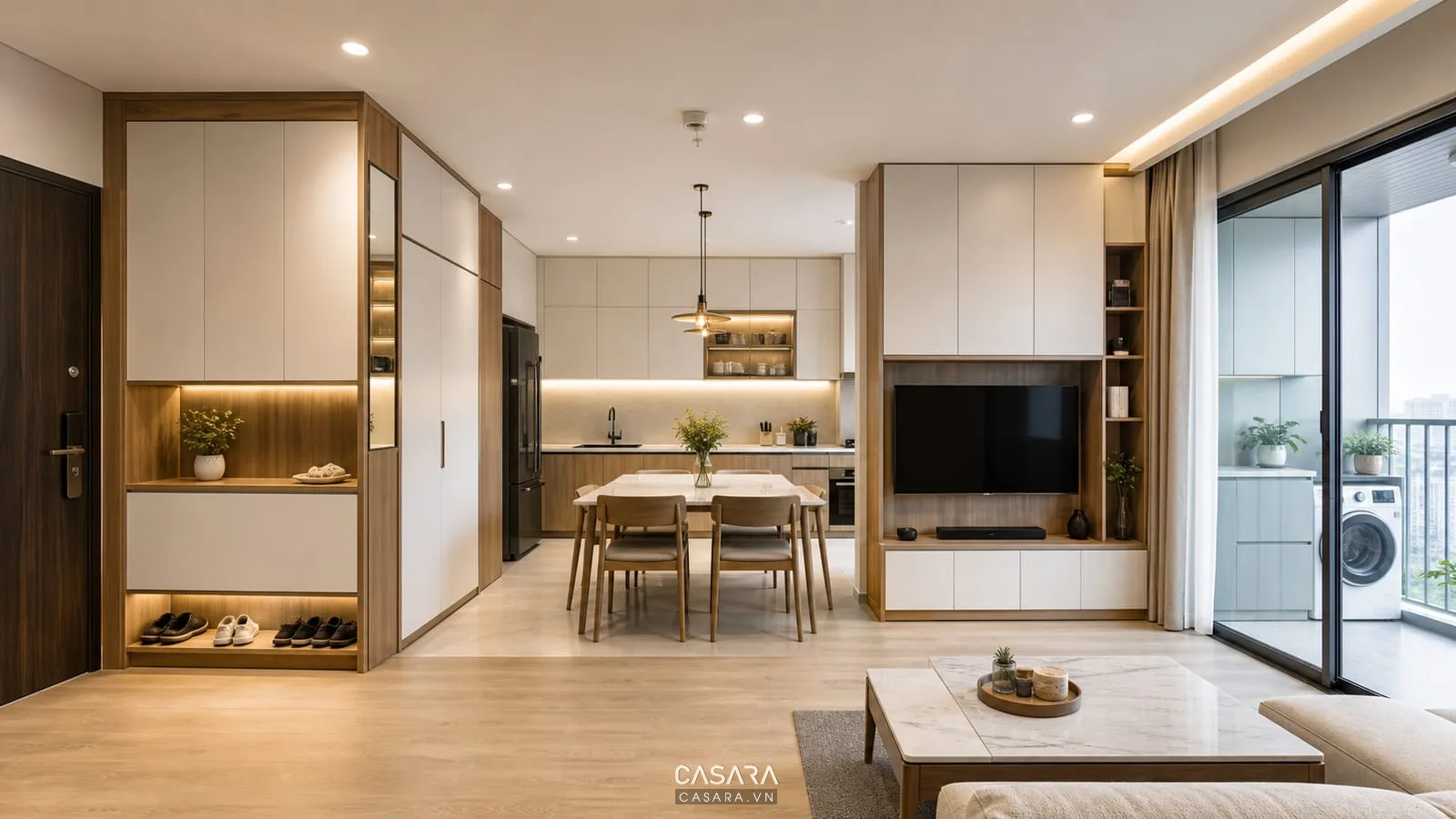Hệ tủ thiết kế nội thất chung cư Vinhomes Smart City gồm tủ giày, tủ bếp, tủ áo, kệ tivi và khoang lưu trữ logia