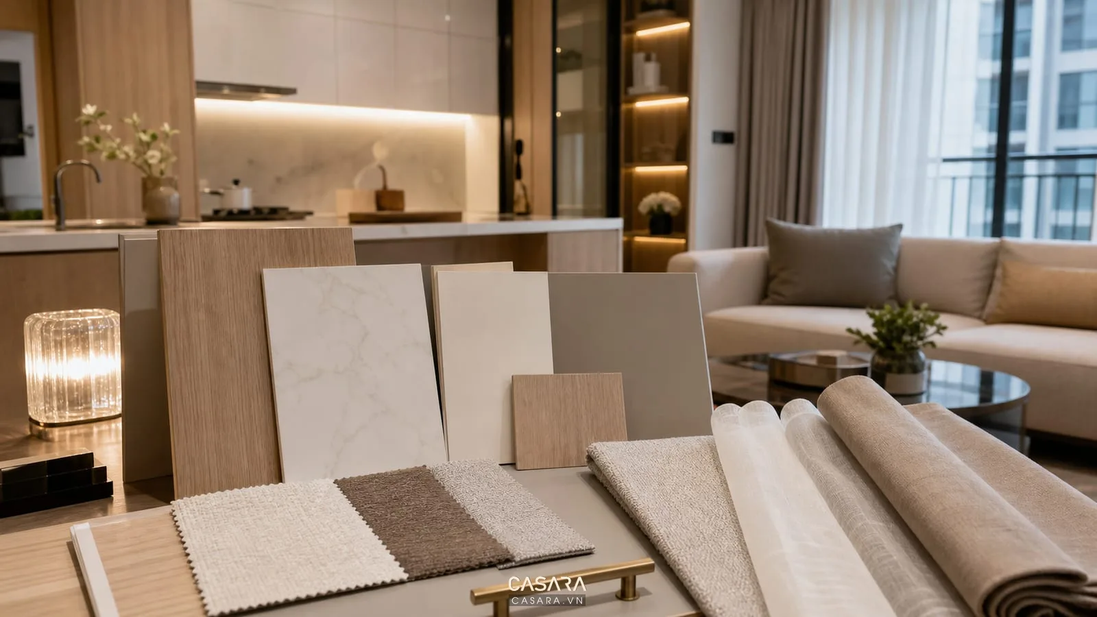 Bảng vật liệu thiết kế nội thất chung cư Vinhomes Smart City với gỗ sáng, đá bếp vân nhẹ, sofa trung tính, rèm hai lớp và đèn ấm