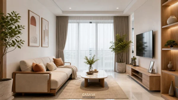 thiết kế nội thất cơ bản phòng khách căn hộ hiện đại với sofa kệ tivi và ánh sáng tự nhiên