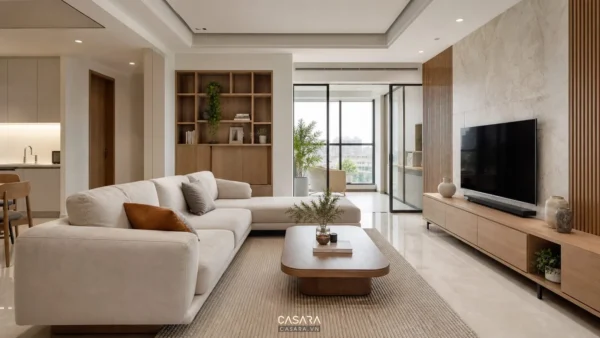 Phòng khách căn hộ thiết kế nội thất đẹp hiện đại với sofa sáng màu, kệ tivi gỗ và ánh sáng tự nhiên