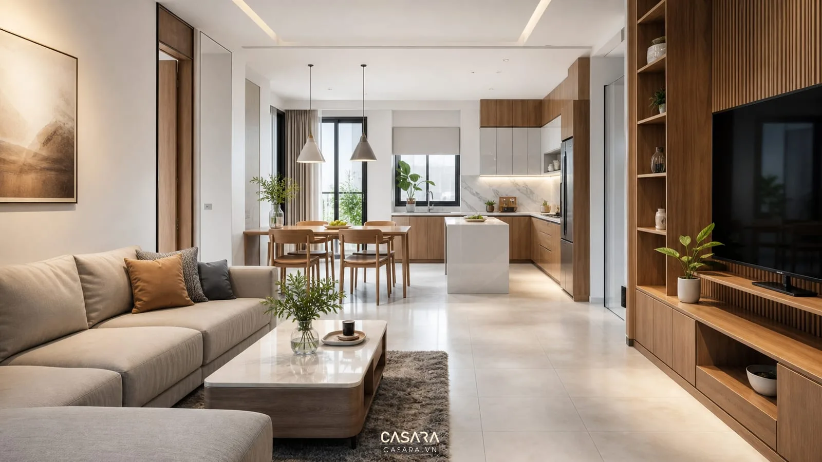 thiết kế nội thất phòng khách hiện đại với sofa chữ L và tường tivi ốp gỗ đá