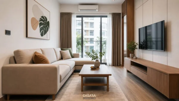 Phòng khách căn hộ thiết kế nội thất đơn giản với sofa trung tính tủ tivi gỗ và ánh sáng tự nhiên