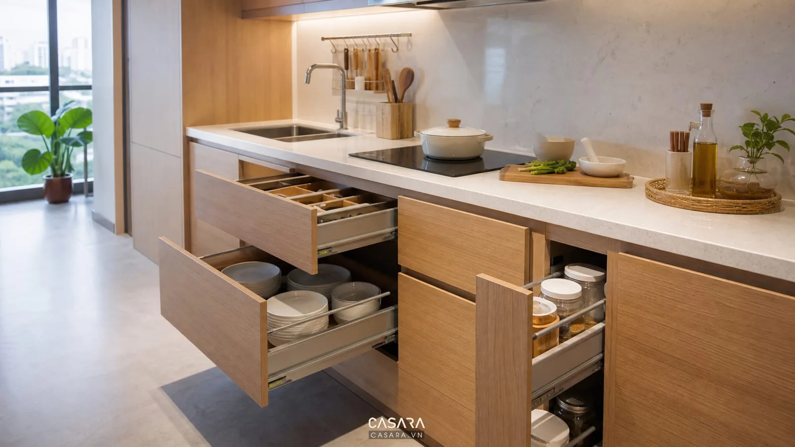 Tủ bếp thiết kế nội thất đơn giản với ngăn kéo ray trượt mặt đá sáng cánh tủ gỗ phẳng và phụ kiện bếp
