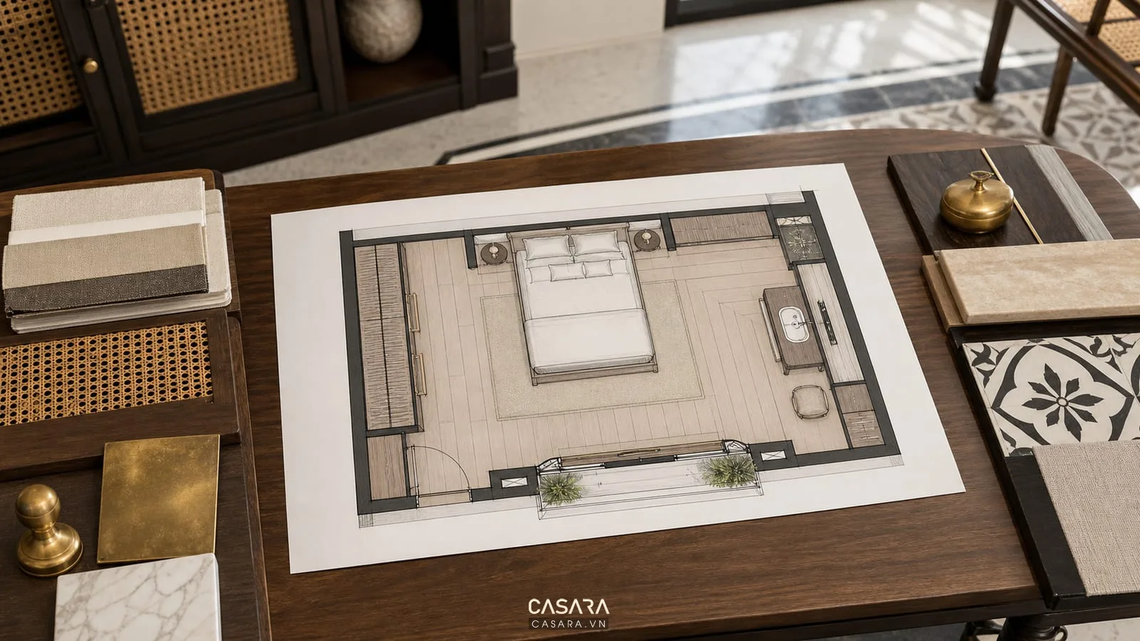 Bản vẽ thiết kế nội thất Indochine phòng ngủ có giường tủ quần áo bàn trang điểm và lối đi
