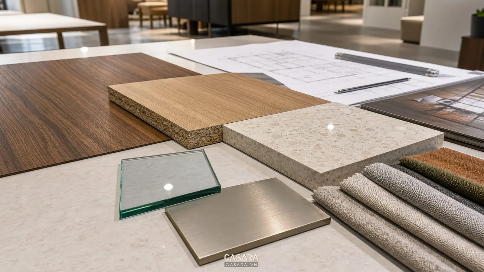 vật liệu trong thiết kế nội thất kiến trúc gồm gỗ đá kính kim loại và vải sofa