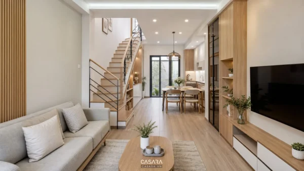 Thiết kế nội thất nhà lô với phòng khách liền bếp gỗ sáng màu và cầu thang hiện đại
