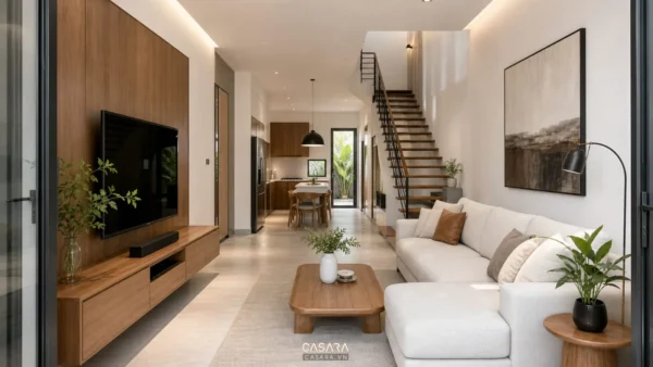 thiết kế nội thất nhà phố với phòng khách hiện đại sofa sáng màu và kệ tivi gỗ