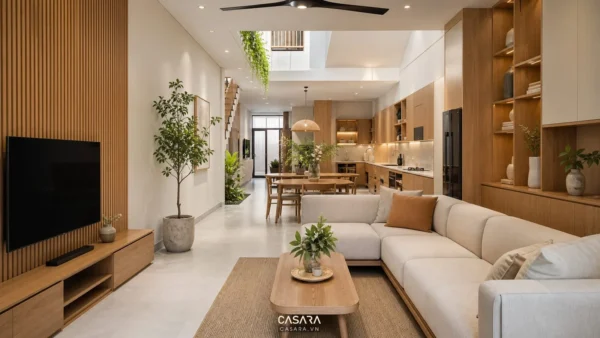 Thiết kế nội thất nhà phố hiện đại đẹp với phòng khách liên thông bếp và ánh sáng giếng trời