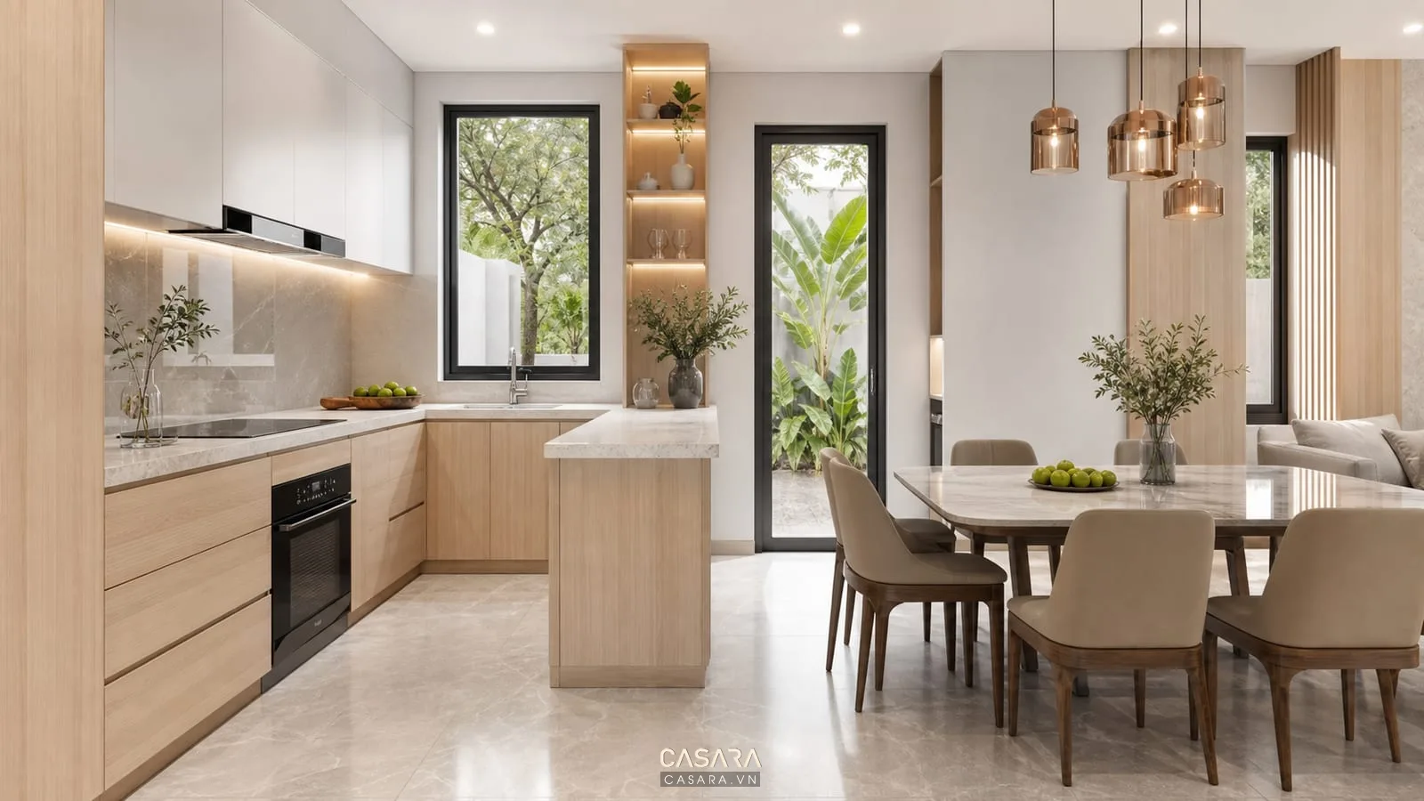 Bếp ăn nội thất nhà hiện đại đẹp với tủ bếp phẳng và bàn đảo