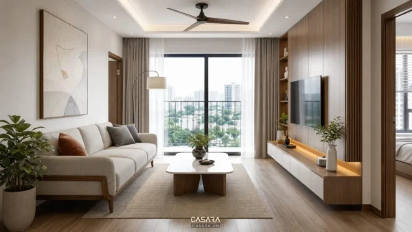 Phòng khách chung cư có sofa sáng màu, bàn trà và vách tivi gỗ