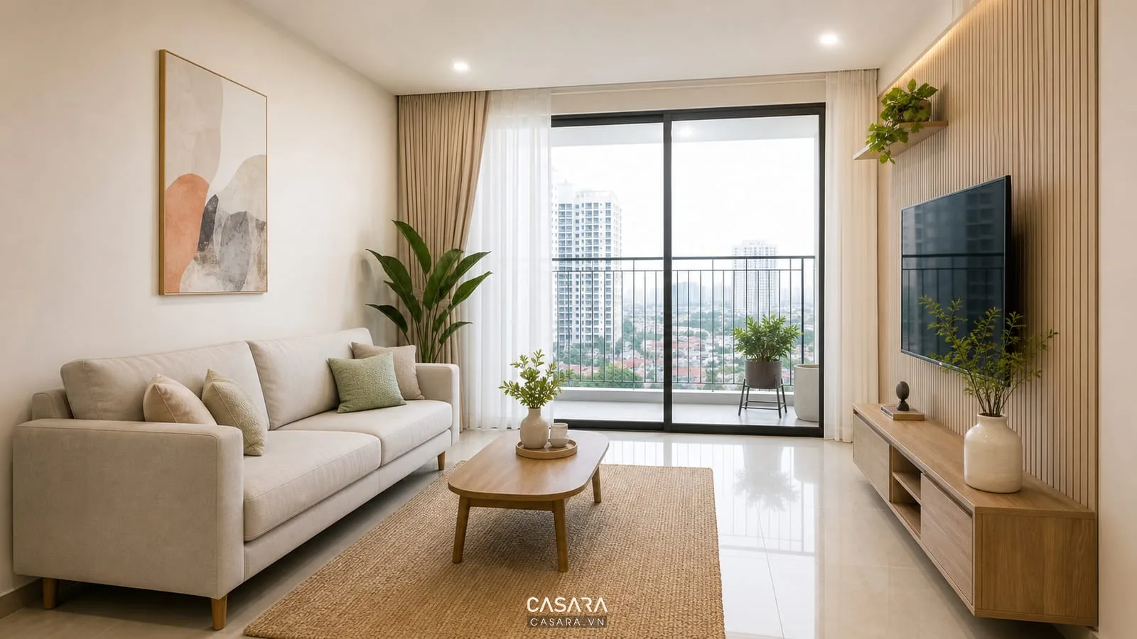 sofa văng bàn trà nhỏ trong phòng khách chung cư sáng và gọn