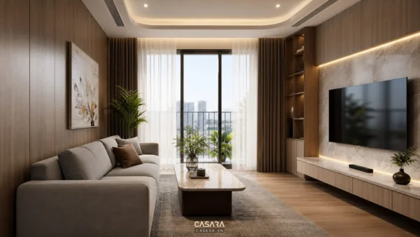 Phòng khách chung cư có sofa xám, rèm hai lớp và kệ tivi vách gỗ