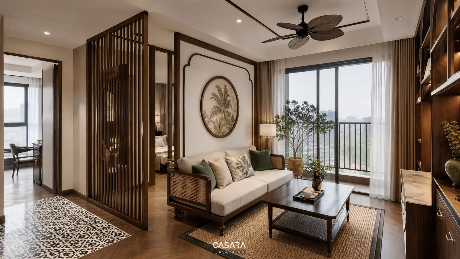 thiết kế nội thất chung cư phong cách indochine cho phòng khách với vách nan gỗ