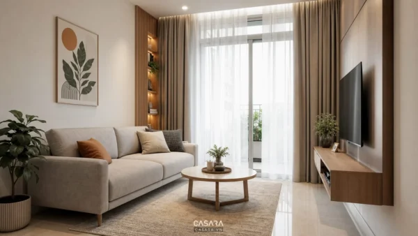 Thiết kế nội thất phòng khách nhỏ hiện đại với sofa vải, bàn trà tròn, kệ tivi treo tường, thảm sáng màu và rèm cao