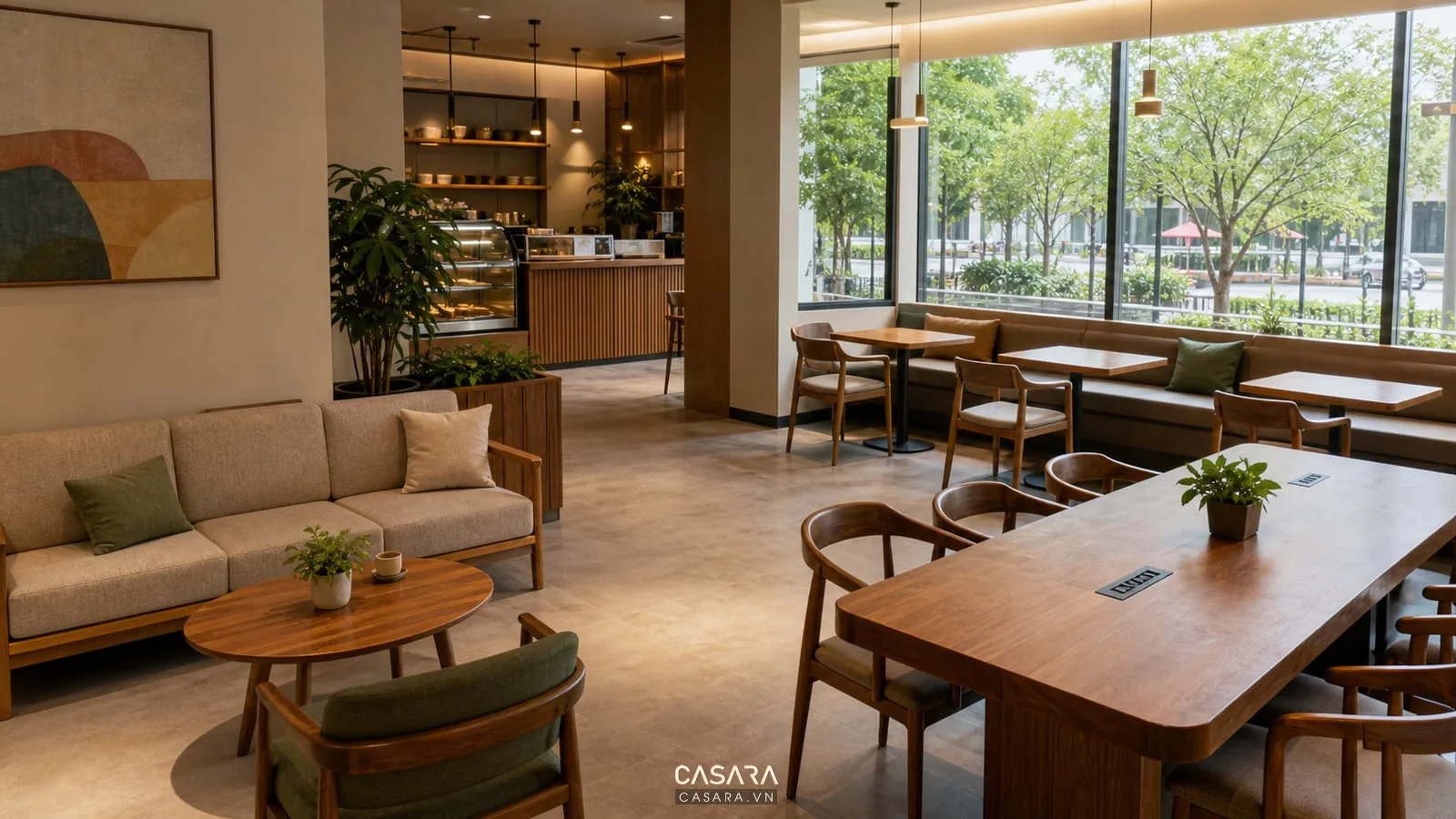 khu chỗ ngồi trong thiết kế nội thất quán coffee với sofa ghế băng bàn đôi và bàn dài