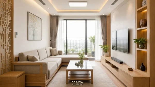 Thiết kế nội thất tại Hải Phòng cho phòng khách căn hộ hiện đại với sofa kệ tivi và vật liệu gỗ sáng