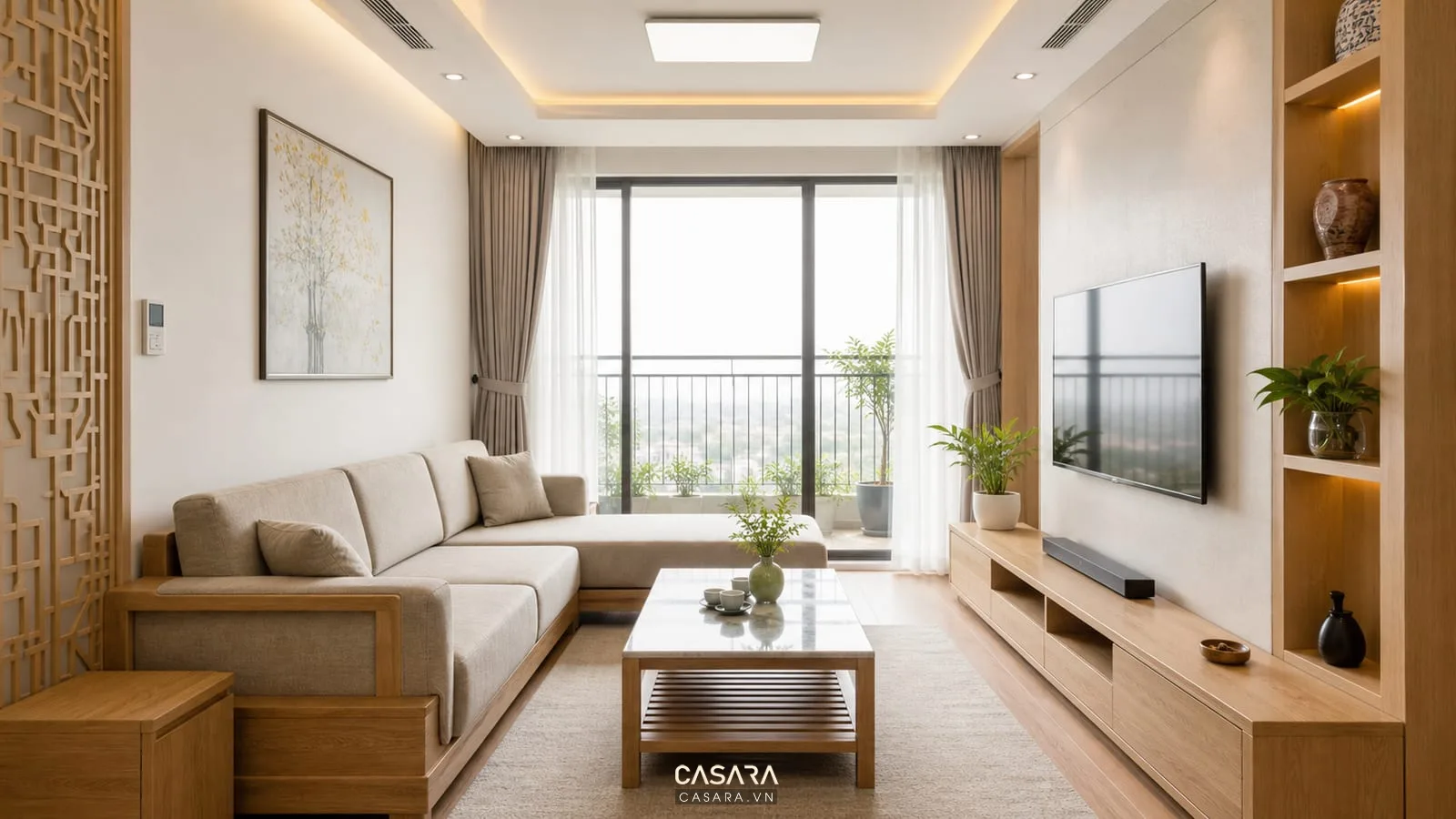 Thiết kế nội thất tại Hải Phòng cho phòng khách căn hộ hiện đại với sofa kệ tivi và vật liệu gỗ sáng