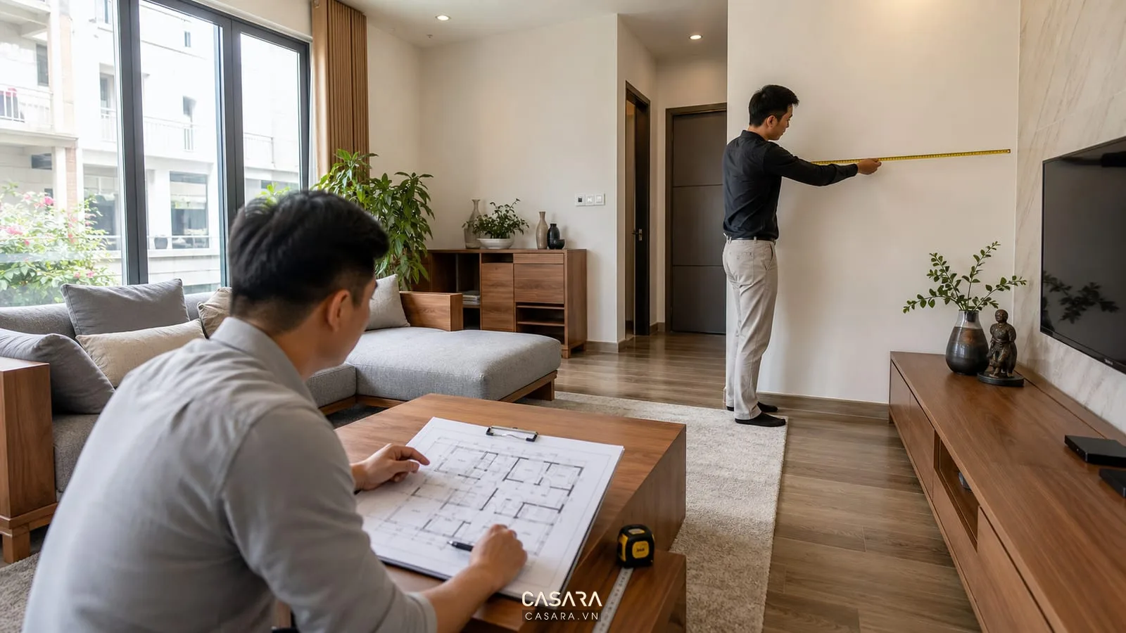 Đo đạc hiện trạng phòng khách cho thiết kế nội thất tại Hải Phòng với bản vẽ mặt bằng và sofa hiện có