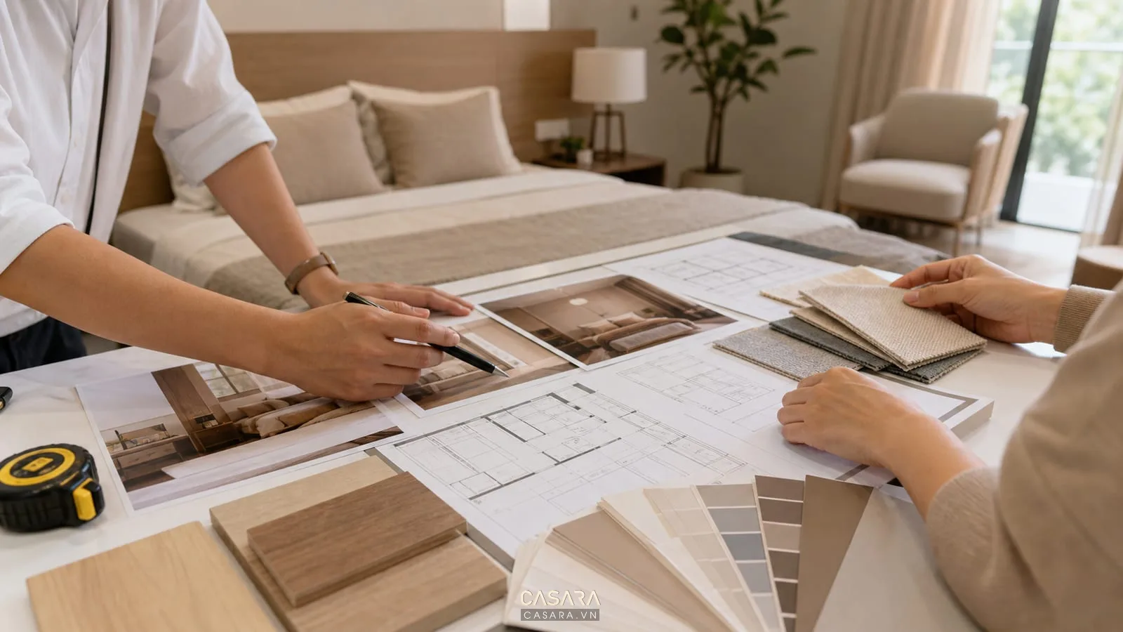 Bản vẽ thiết kế phòng ngủ với mẫu vật liệu gỗ và ảnh phối cảnh