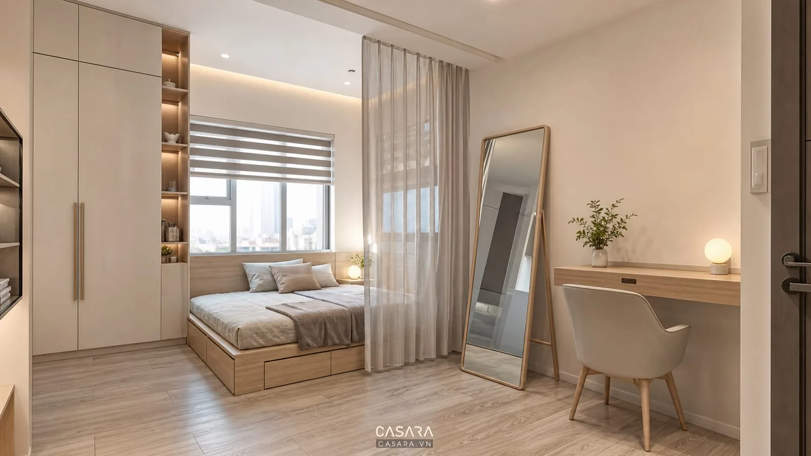 Thiết kế chung cư 30m2 với khu ngủ nhỏ, giường có ngăn kéo và bàn treo tường