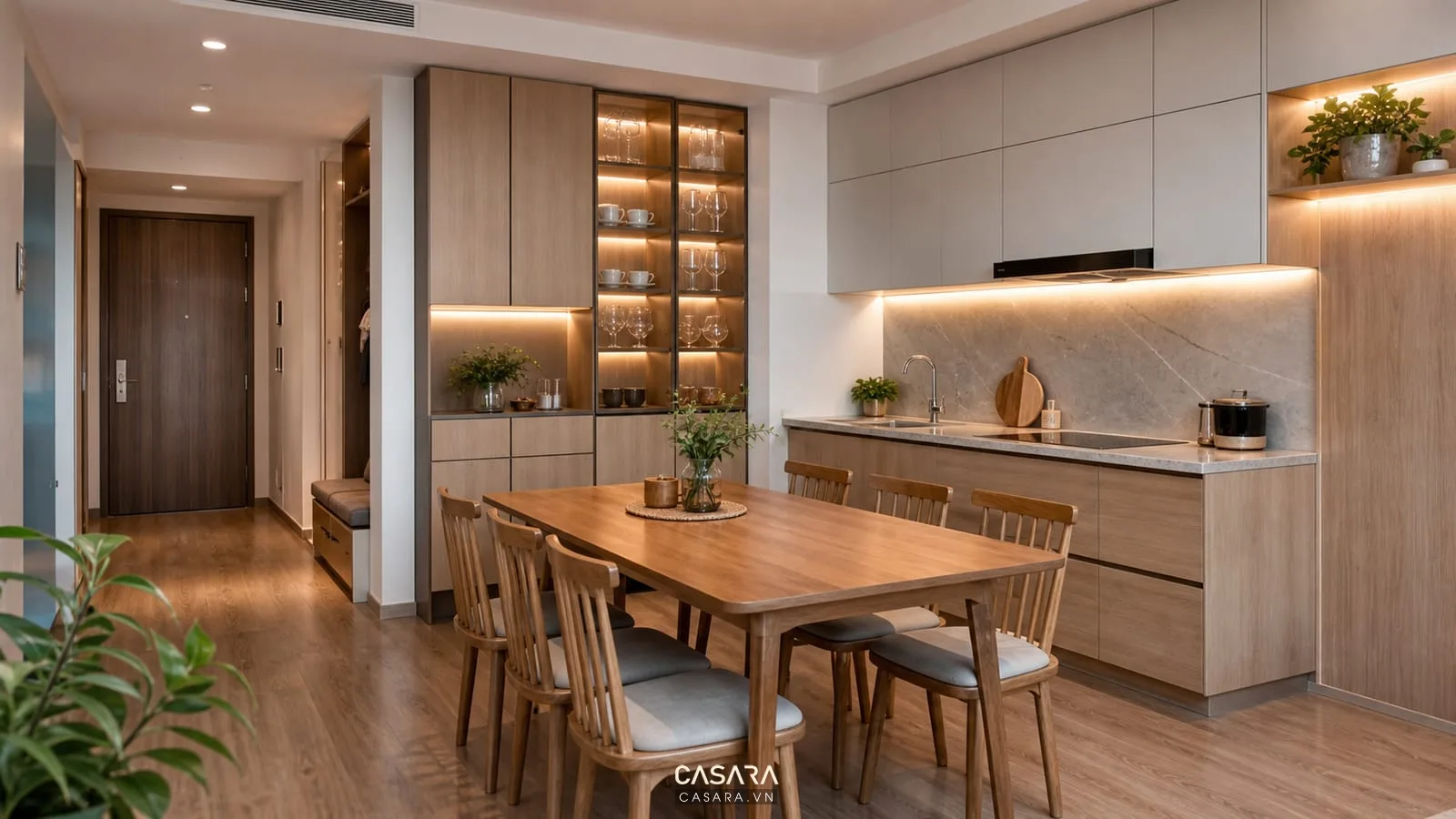 hệ tủ lưu trữ cạnh phòng ăn chung cư và bếp mở