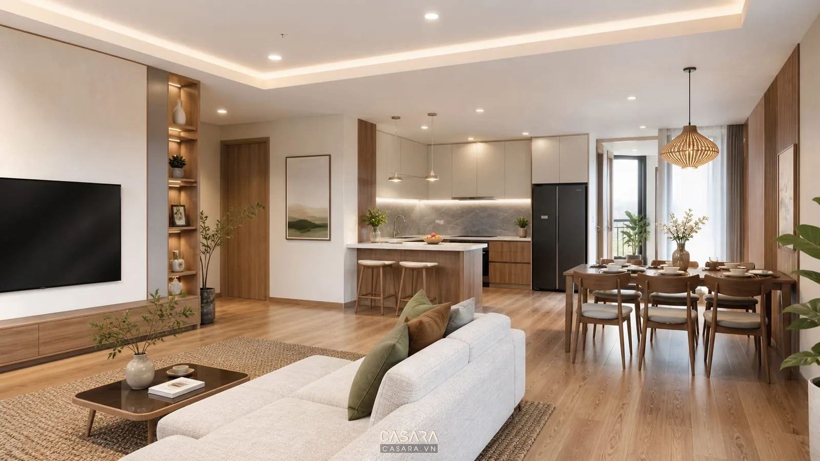 phòng khách chung cư liên thông phòng ăn và bếp mở đồng bộ