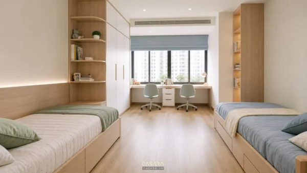 thiết kế phòng cho 2 bé với hai giường đơn tủ âm tường và bàn học đôi