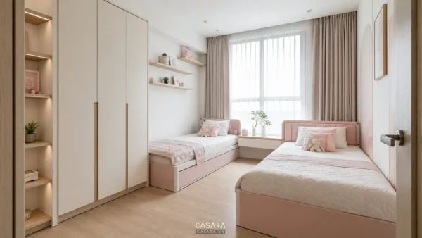 thiết kế phòng cho 2 bé gái với hai giường đơn màu trắng hồng nhạt và tủ âm tường