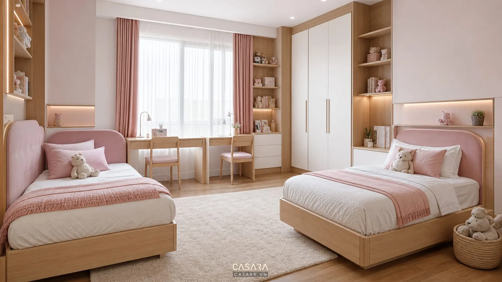 Thiết kế phòng ngủ cho hai con với hai giường đơn và bàn học đôi