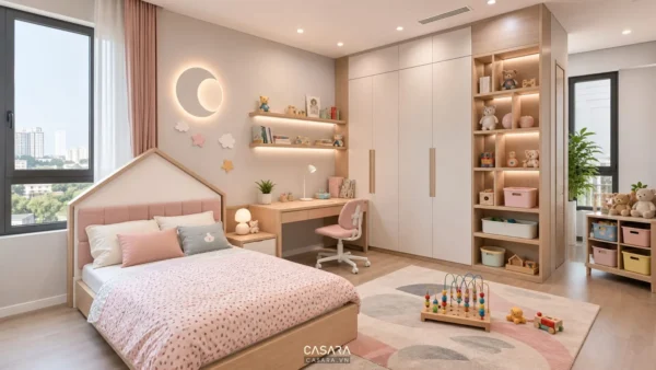 Thiết kế phòng cho bé với giường trẻ em, bàn học và tủ lưu trữ màu sáng