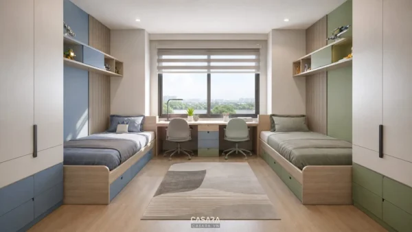 Thiết kế phòng cho 2 bé trai với giường và bàn học đôi