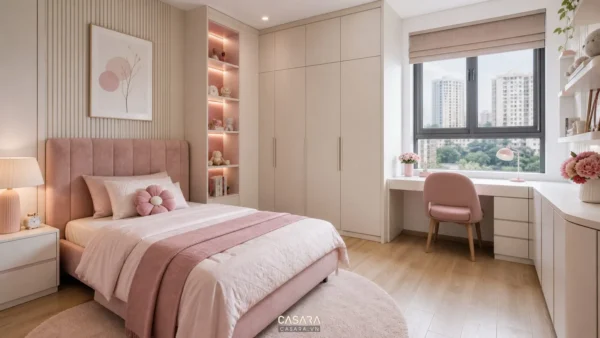 Thiết kế phòng cho con gái hiện đại với giường đơn, tủ áo âm tường, bàn học cạnh cửa sổ và màu hồng phấn nhẹ