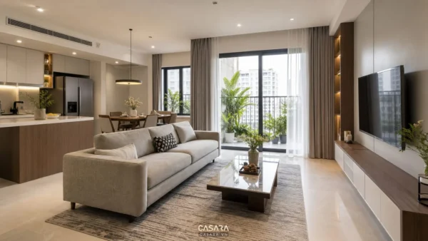 Phòng khách chung cư hiện đại có sofa vải sáng màu, kệ tivi và ban công nhiều cây xanh