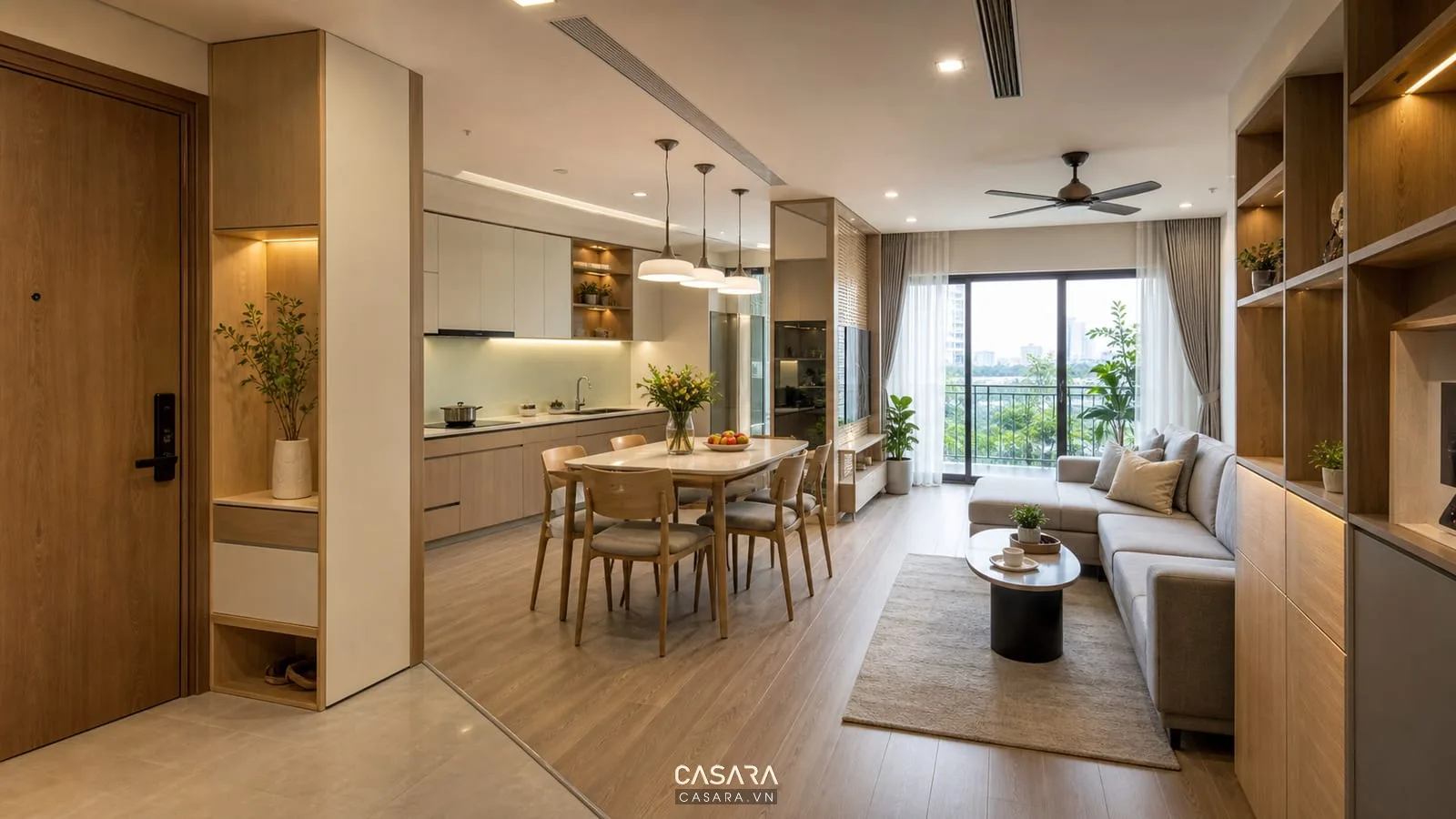 phòng khách chung cư liền bếp với sofa bàn trà và lối đi thoáng