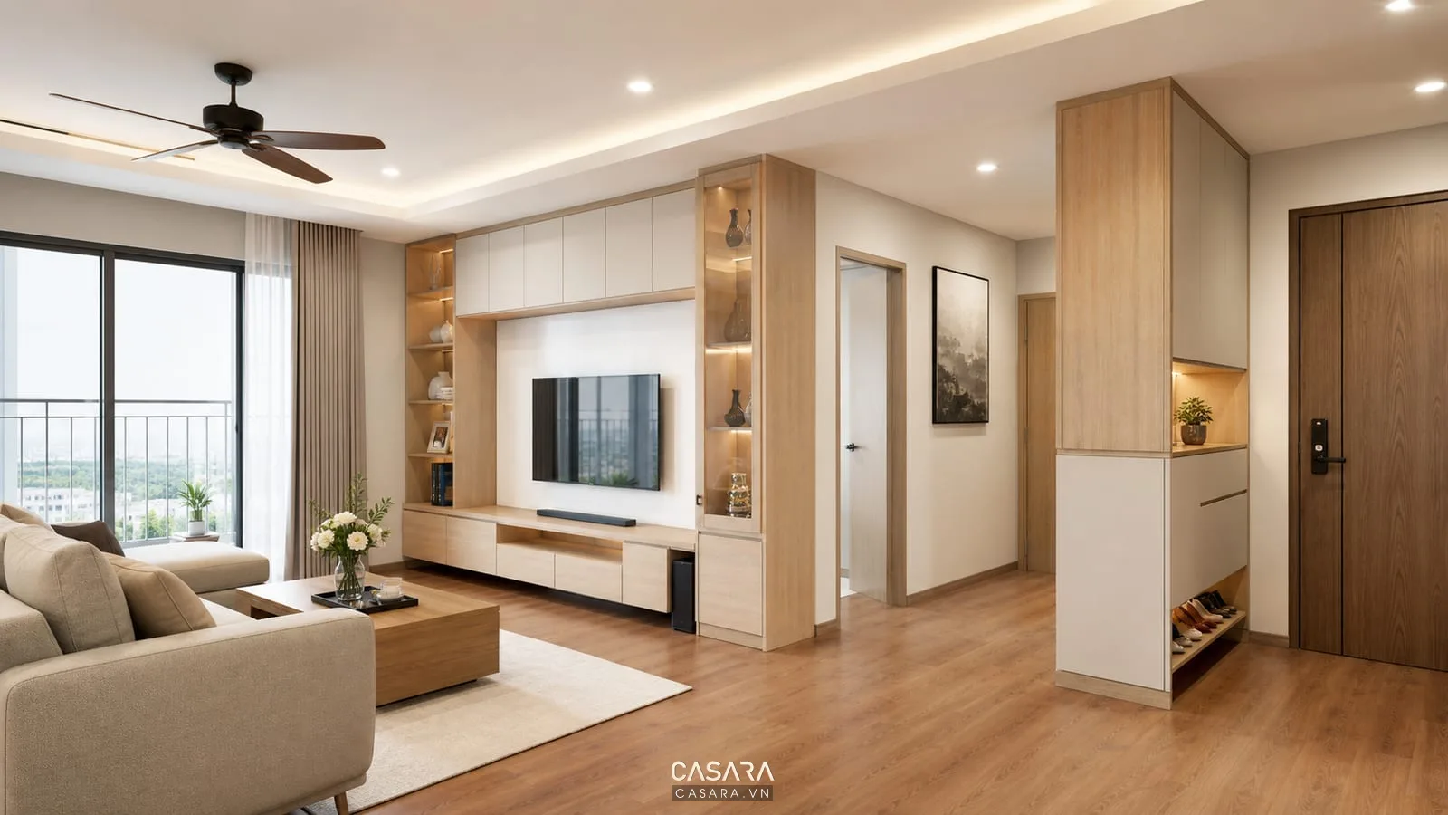 Phòng khách chung cư 70m2 có kệ tivi tủ giày và tủ lưu trữ gọn