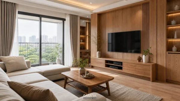 Phòng khách chung cư có vách tivi ốp gỗ, sofa sáng màu và cửa kính lớn