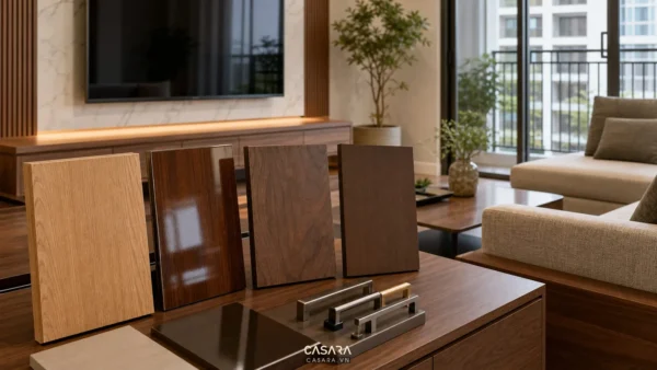 Các mẫu bề mặt gỗ đặt trên bàn trong phòng khách chung cư
