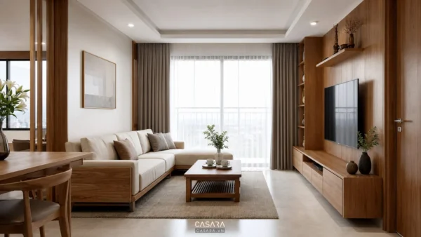 Phòng khách chung cư sáng thoáng với sofa sáng màu, bàn trà và hệ tủ tivi gỗ