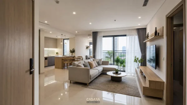 Phòng khách chung cư hiện đại với sofa chữ L, kệ tivi treo và ban công lớn