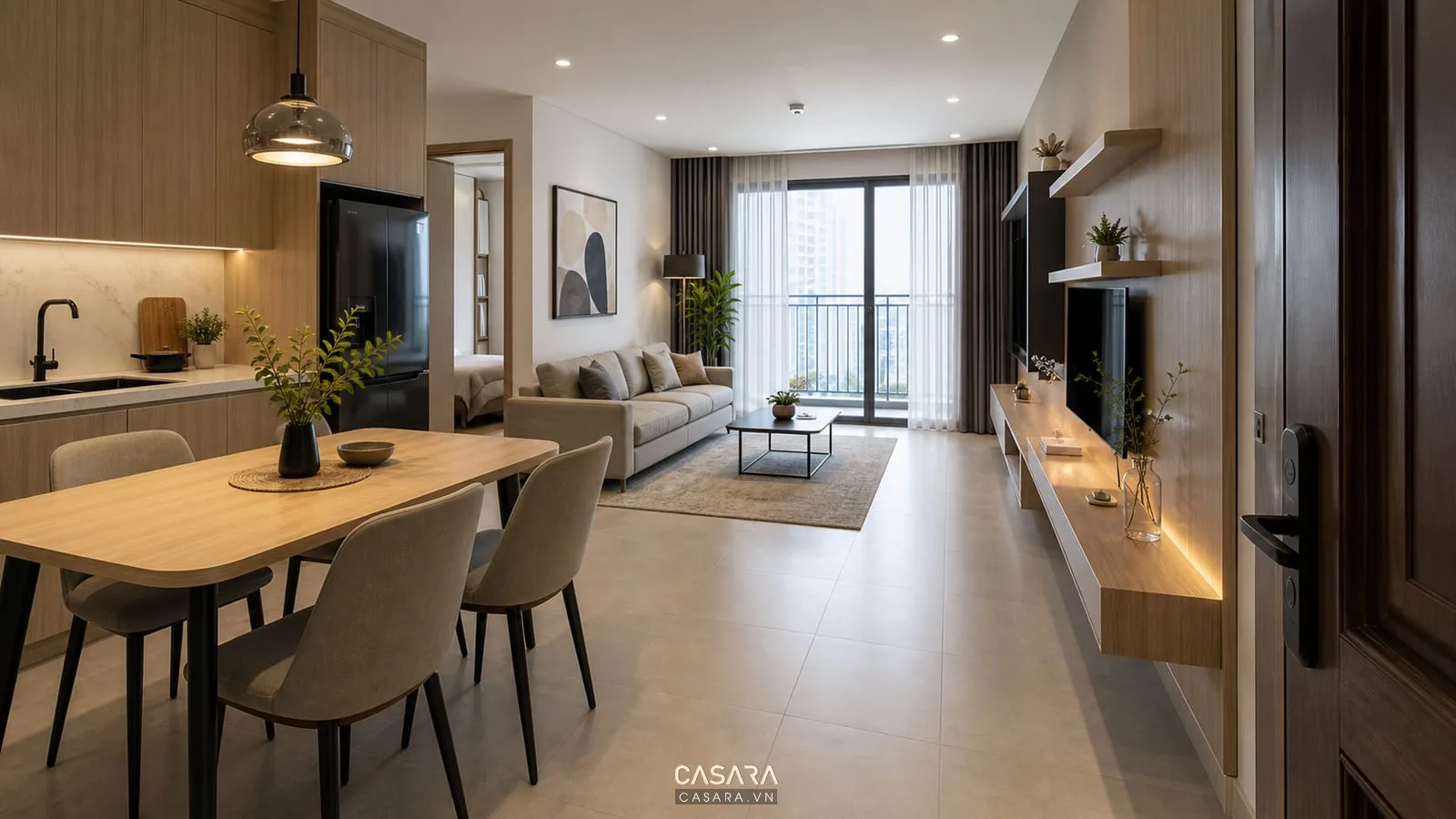 mặt bằng thiết kế phòng khách chung cư hiện đại có sofa bếp mở và ban công