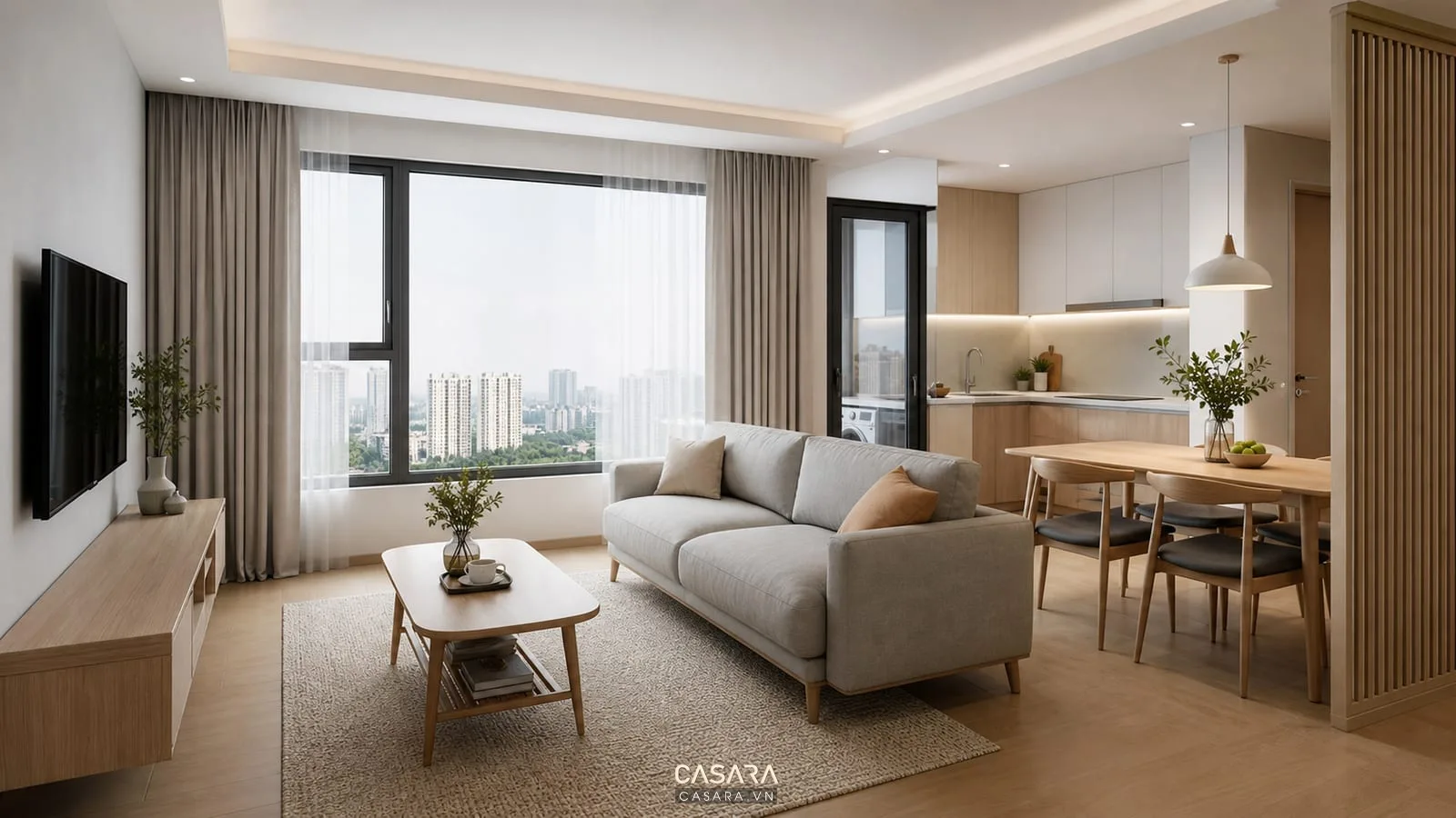 thiết kế phòng khách chung cư 70m2 hiện đại với sofa bàn ăn và kệ tivi