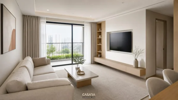 Phòng khách chung cư tối giản có sofa sáng màu, bàn trà thấp và kệ tivi gọn gàng