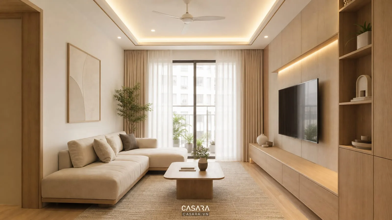 Phòng khách chung cư tối giản dùng gỗ sáng rèm linen và thảm trung tính