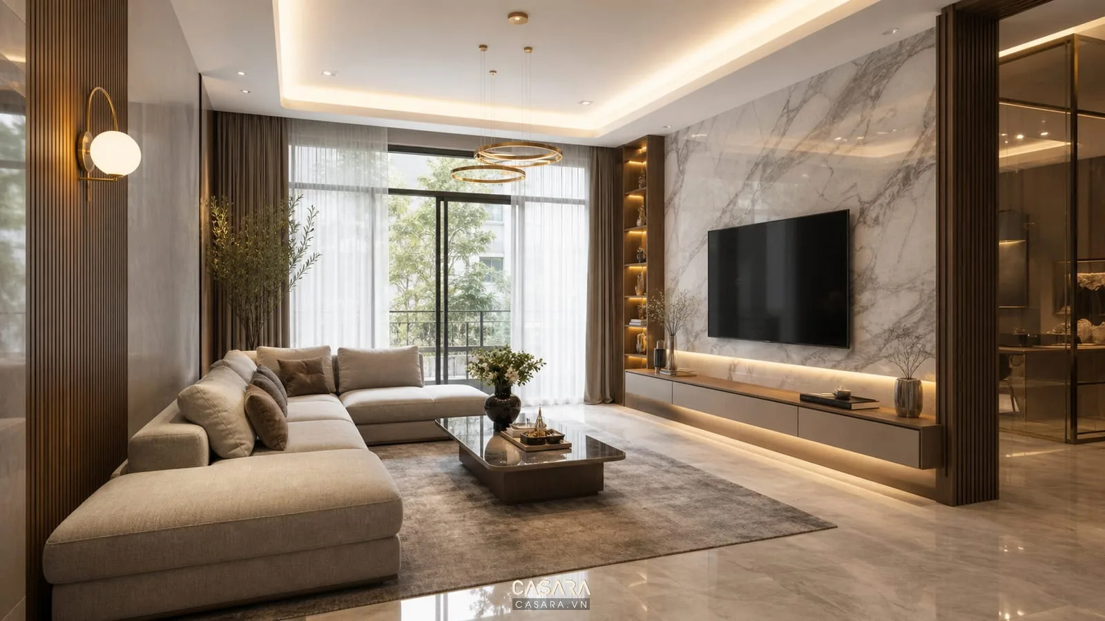 thiết kế phòng khách hiện đại sang trọng với vách tivi đá và sofa lớn
