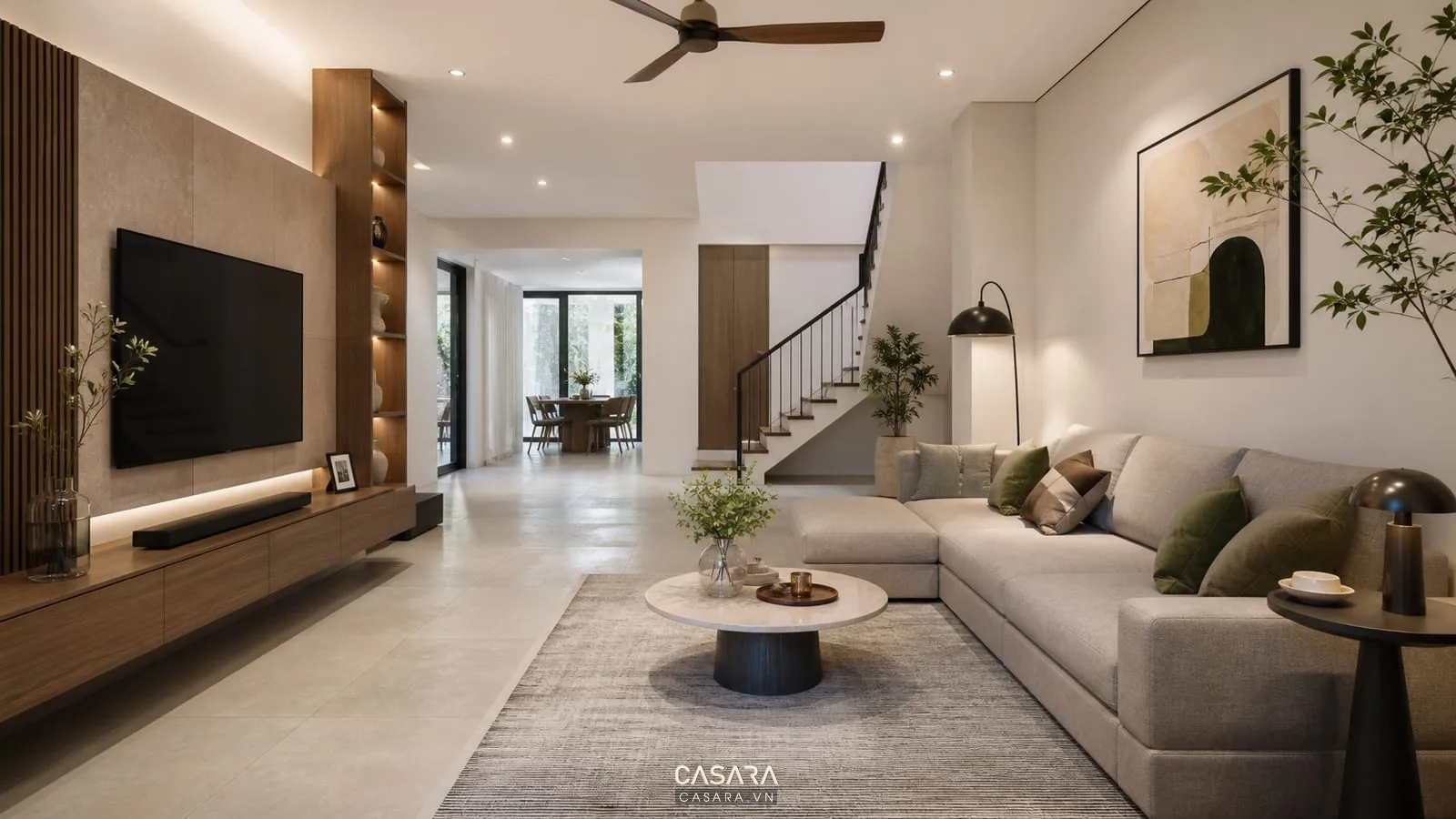 bố cục phòng khách thiết kế hiện đại với sofa chữ L và kệ tivi thấp
