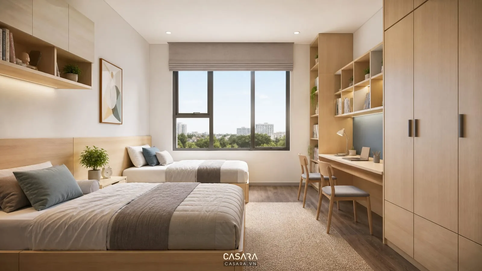 Thiết kế phòng ngủ đẹp cho bé trai phong cách tối giản ấm áp với giường đôi cho hai bé, tủ áo cánh phẳng, bàn học dài, gỗ sáng, thảm mềm và ánh sáng tự nhiên